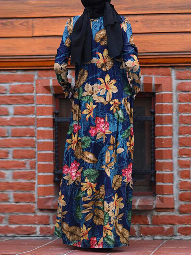 Kvinder Casual Robe Kaftan Floral Løs Langærmet Outing Dress Med Sidelommer