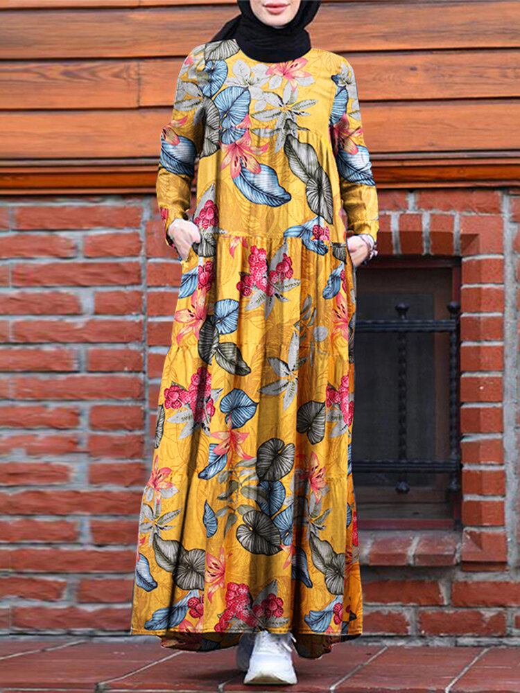 Kvinder Casual Robe Kaftan Floral Løs Langærmet Outing Dress Med Sidelommer