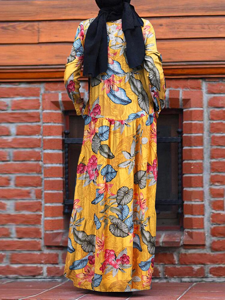 Kvinder Casual Robe Kaftan Floral Løs Langærmet Outing Dress Med Sidelommer