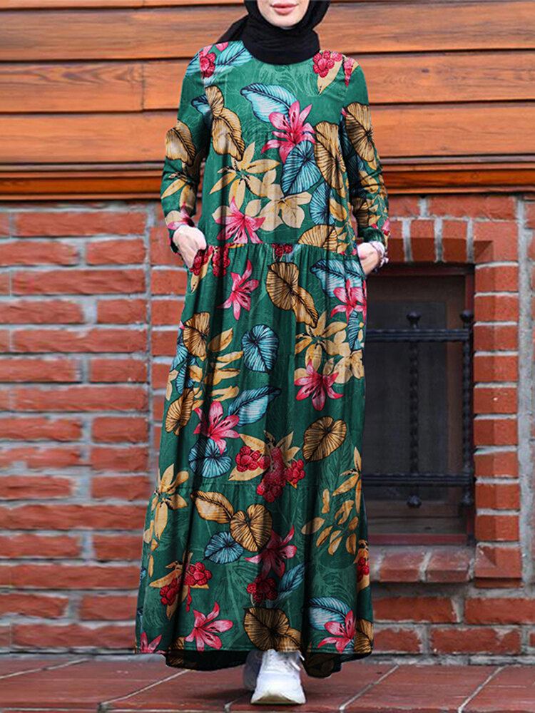 Kvinder Casual Robe Kaftan Floral Løs Langærmet Outing Dress Med Sidelommer