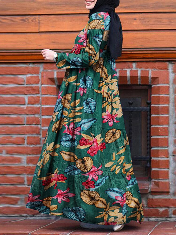 Kvinder Casual Robe Kaftan Floral Løs Langærmet Outing Dress Med Sidelommer