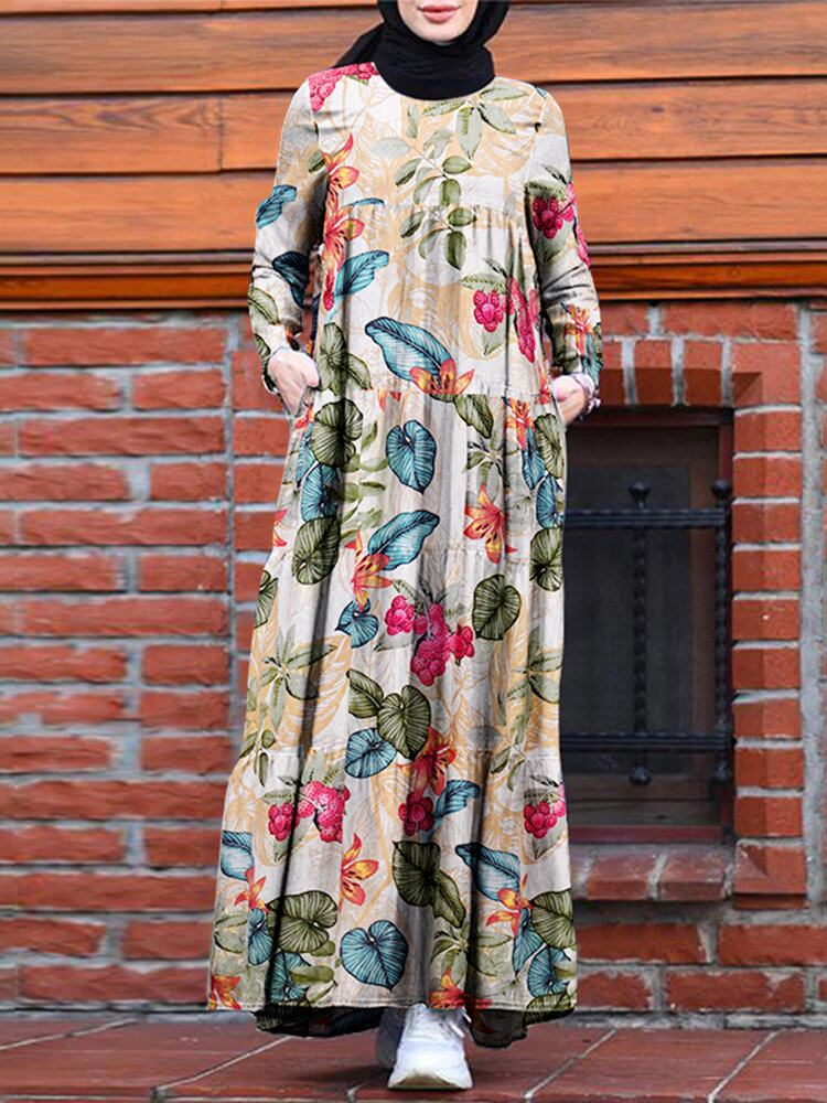 Kvinder Casual Robe Kaftan Floral Løs Langærmet Outing Dress Med Sidelommer