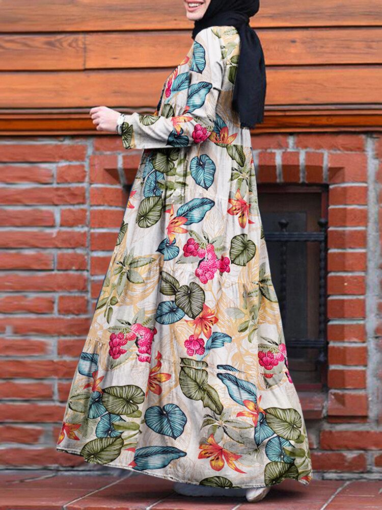 Kvinder Casual Robe Kaftan Floral Løs Langærmet Outing Dress Med Sidelommer