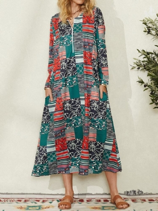 Kvinder Colorblock Geometrisk Print Sidelomme Vintage Maxi Kjole