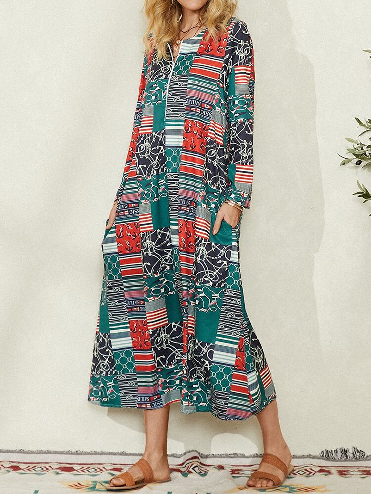 Kvinder Colorblock Geometrisk Print Sidelomme Vintage Maxi Kjole