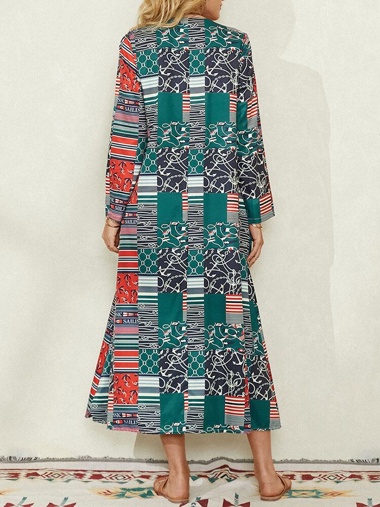 Kvinder Colorblock Geometrisk Print Sidelomme Vintage Maxi Kjole