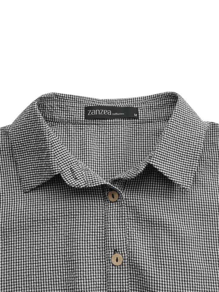 Kvinder Grid Printed Flæser Elastisk Talje Swing Holiday Button Shirt Maxikjole