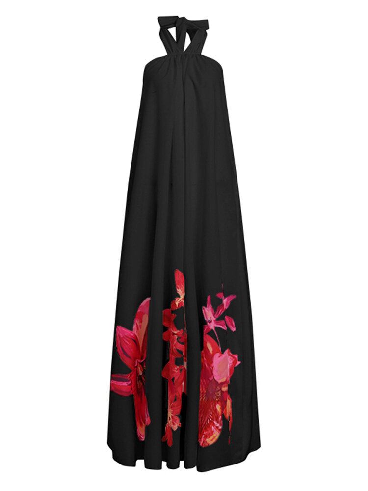 Kvinder Holiday Blomsterprint Hængende Hals Løs Stilfuld Halter Maxi Kjole