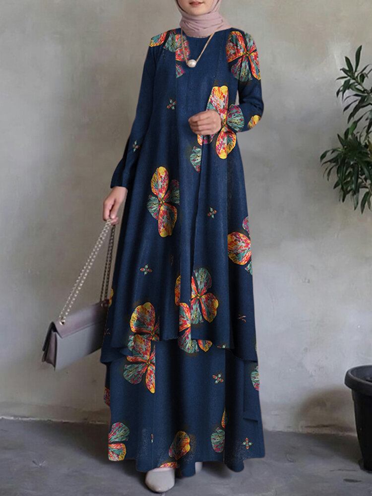 Kvinder Kaftan Tunika 100% Bomuld Dobbeltlags Design Fritid Blomster Maxikjole