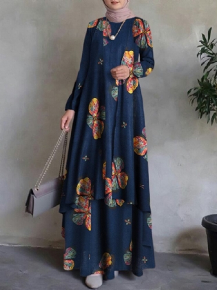 Kvinder Kaftan Tunika 100% Bomuld Dobbeltlags Design Fritid Blomster Maxikjole