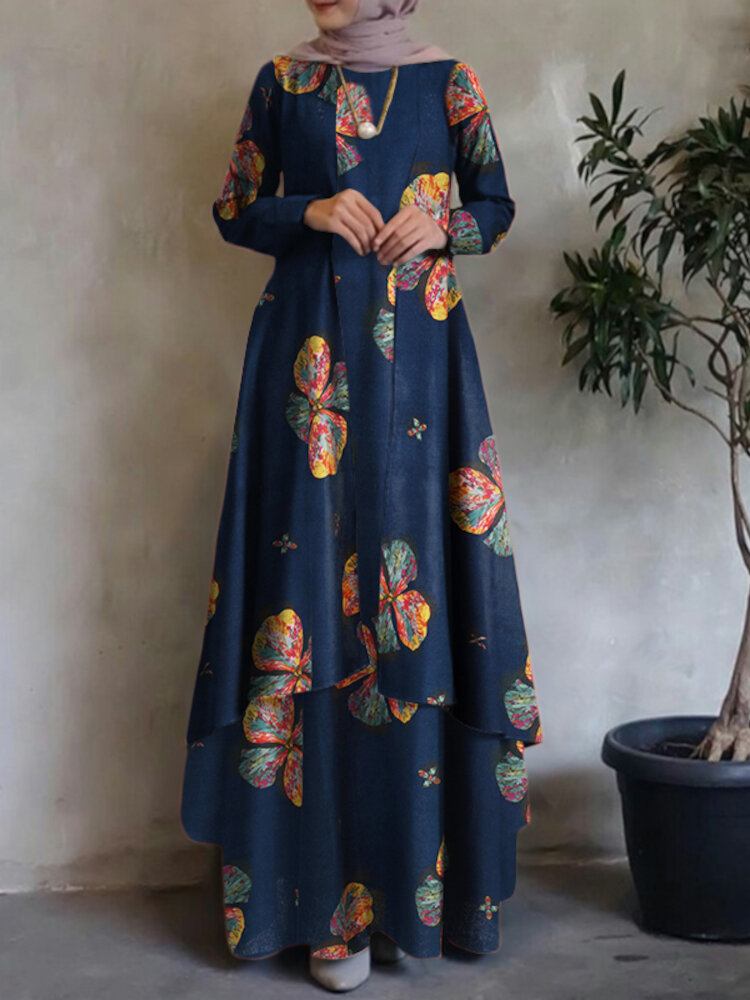 Kvinder Kaftan Tunika 100% Bomuld Dobbeltlags Design Fritid Blomster Maxikjole