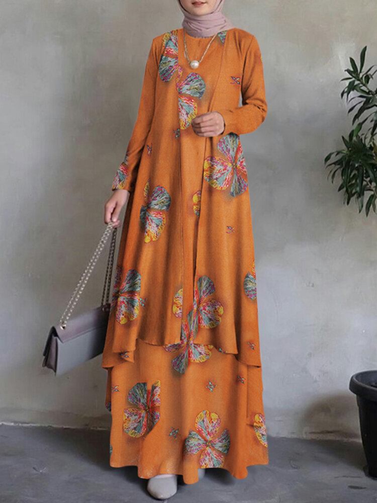 Kvinder Kaftan Tunika 100% Bomuld Dobbeltlags Design Fritid Blomster Maxikjole