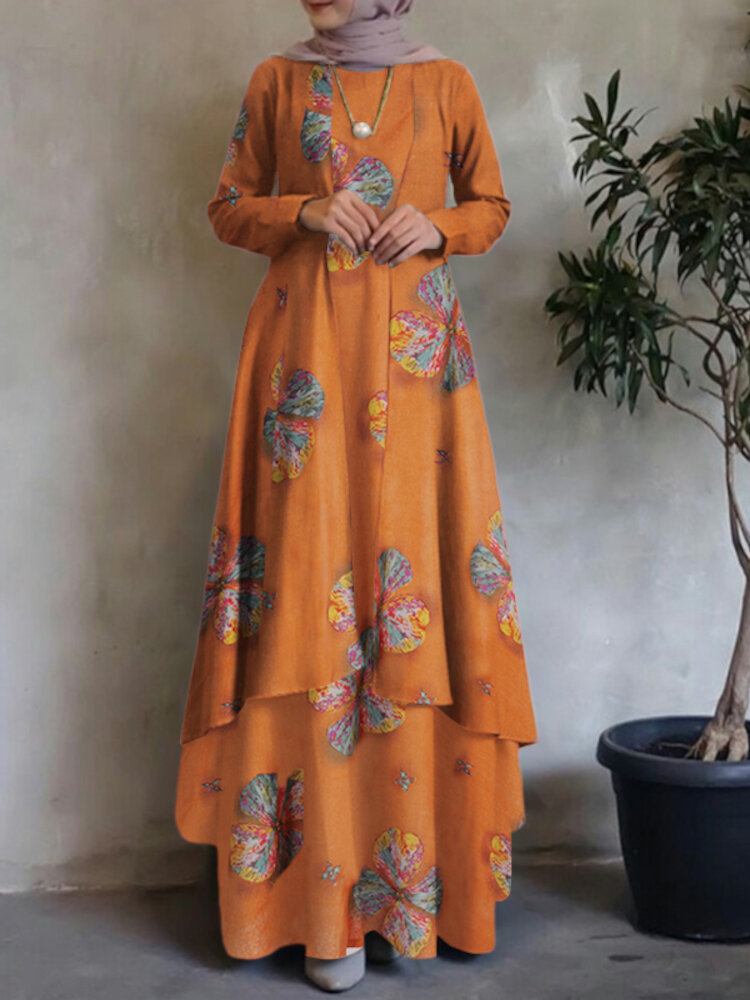 Kvinder Kaftan Tunika 100% Bomuld Dobbeltlags Design Fritid Blomster Maxikjole