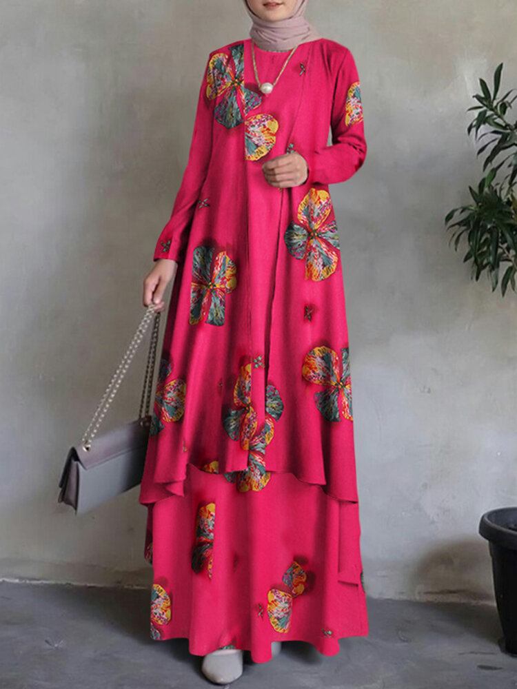 Kvinder Kaftan Tunika 100% Bomuld Dobbeltlags Design Fritid Blomster Maxikjole