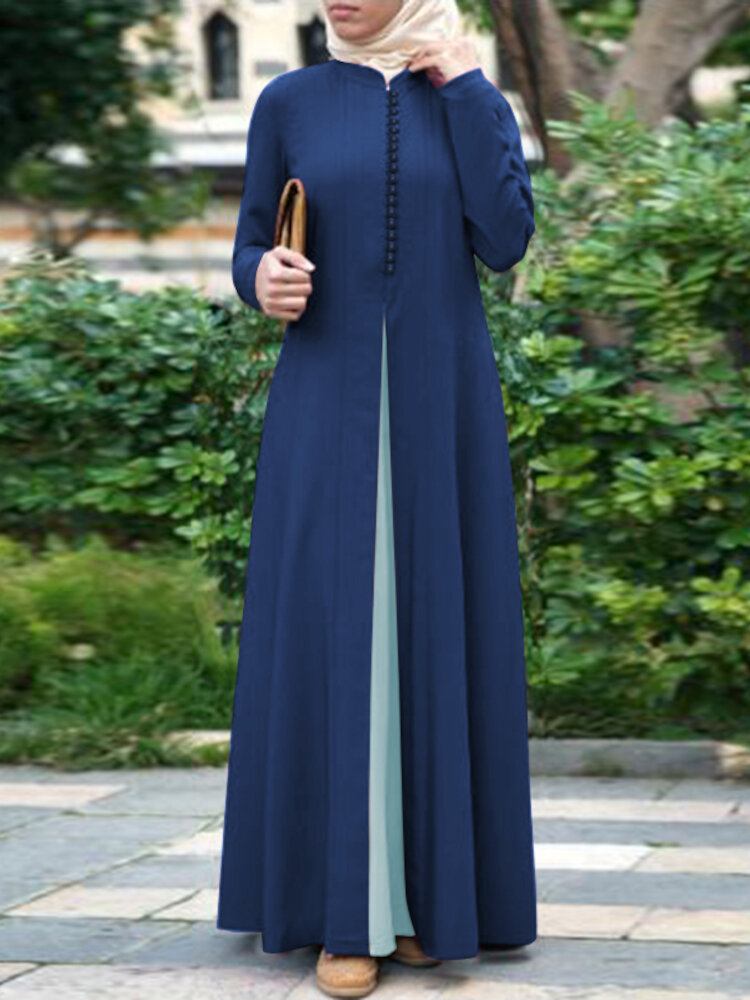 Kvinder Kontrastfarve Sting Bohemian Button Langærmet Muslim Maxi Kjole Abaya Kaftan