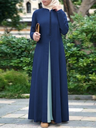 Kvinder Kontrastfarve Sting Bohemian Button Langærmet Muslim Maxi Kjole Abaya Kaftan