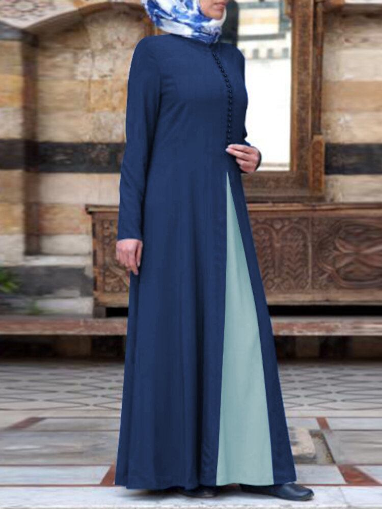 Kvinder Kontrastfarve Sting Bohemian Button Langærmet Muslim Maxi Kjole Abaya Kaftan