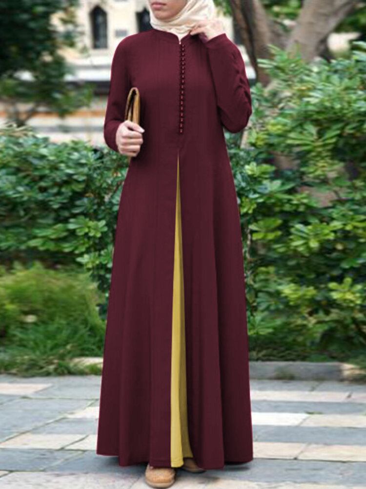 Kvinder Kontrastfarve Sting Bohemian Button Langærmet Muslim Maxi Kjole Abaya Kaftan