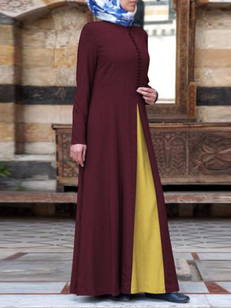 Kvinder Kontrastfarve Sting Bohemian Button Langærmet Muslim Maxi Kjole Abaya Kaftan