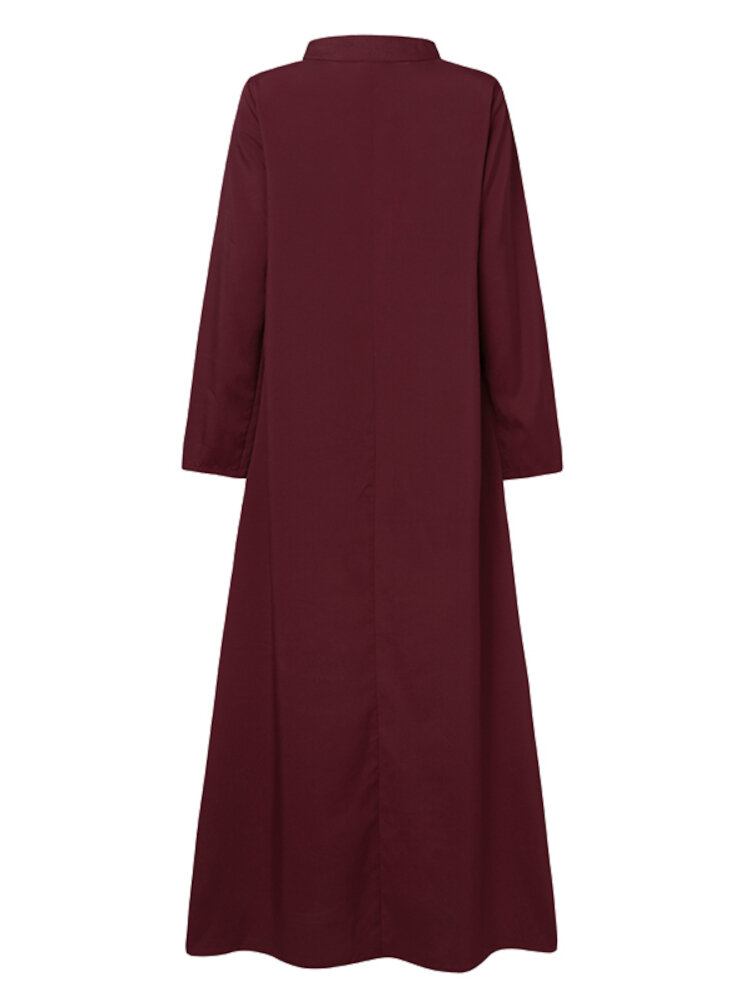 Kvinder Kontrastfarve Sting Bohemian Button Langærmet Muslim Maxi Kjole Abaya Kaftan