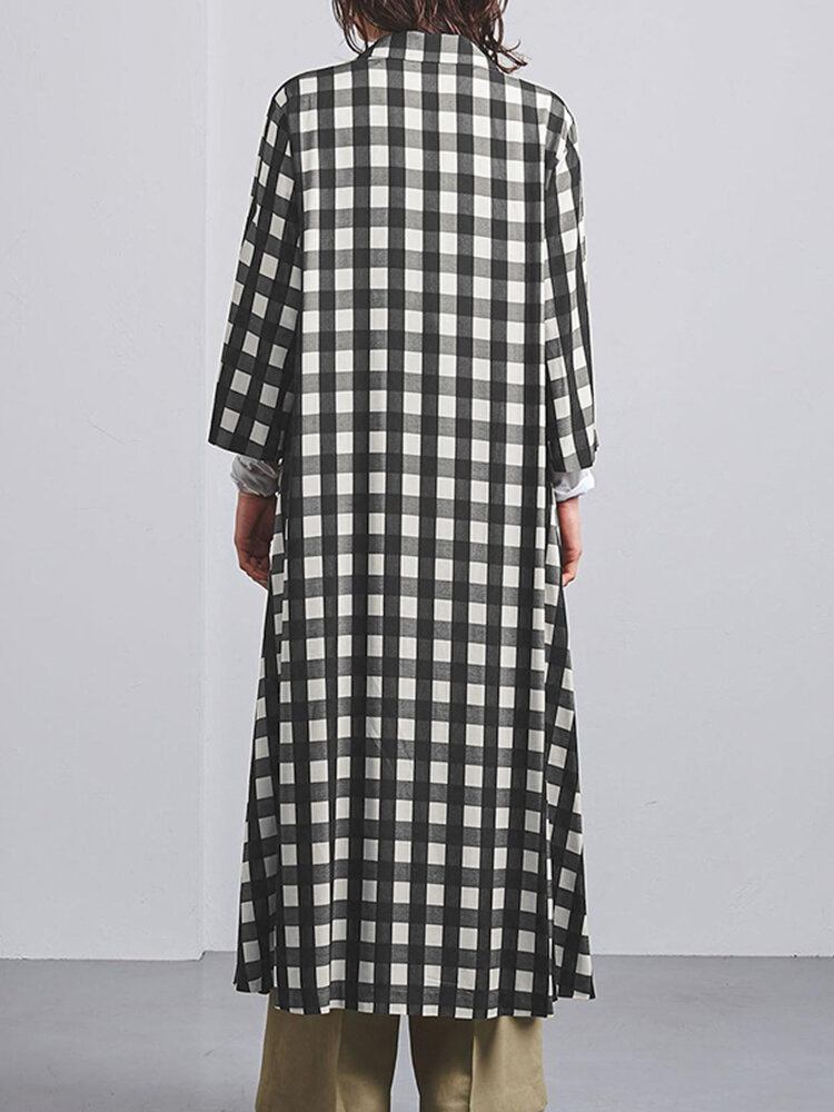 Kvinder Plaidprint Lapel Langærmede Casual Maxi Skjorter Kjoler Med Lomme