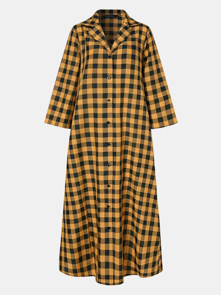 Kvinder Plaidprint Lapel Langærmede Casual Maxi Skjorter Kjoler Med Lomme