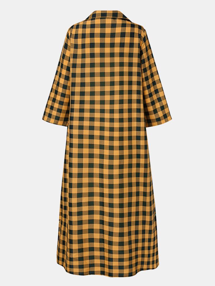 Kvinder Plaidprint Lapel Langærmede Casual Maxi Skjorter Kjoler Med Lomme