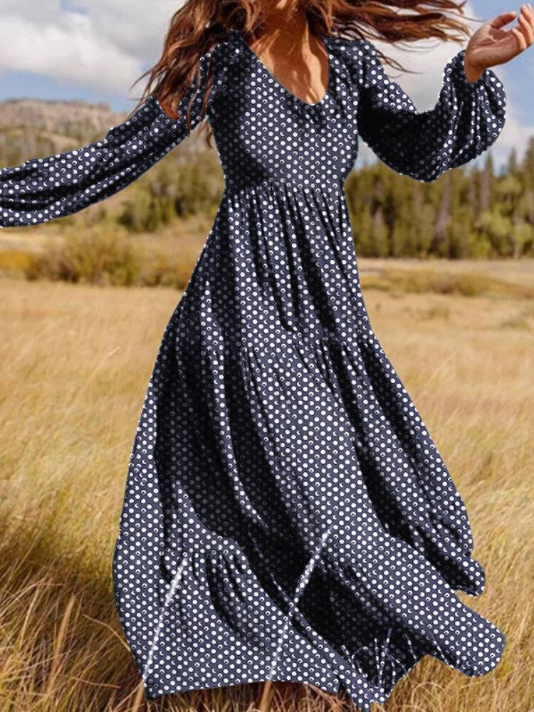 Kvinder Polka Dot Print V-hals Casual Pufærmer Holiday Maxi Kjoler