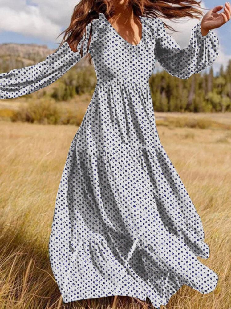 Kvinder Polka Dot Print V-hals Casual Pufærmer Holiday Maxi Kjoler