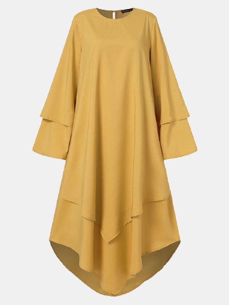 Kvinder Pure Color Layered Uregelmæssig Hem Kaftan Casual Langærmede Maxikjoler