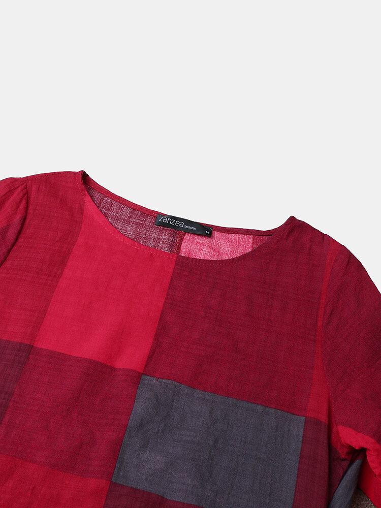 O-hals Plaid Løs Casual Kjole Med Sidelommer Til Damer