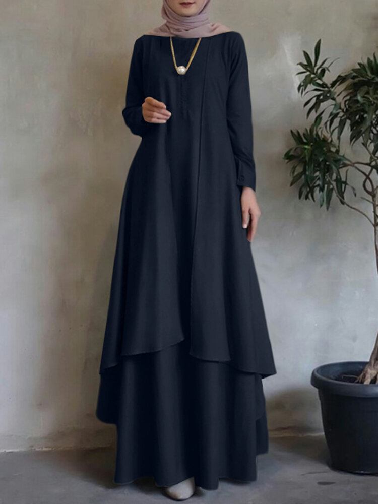 O-hals Solid Abaya Kaftan Dobbeltlags Design Bohemian Kjole Til Damer