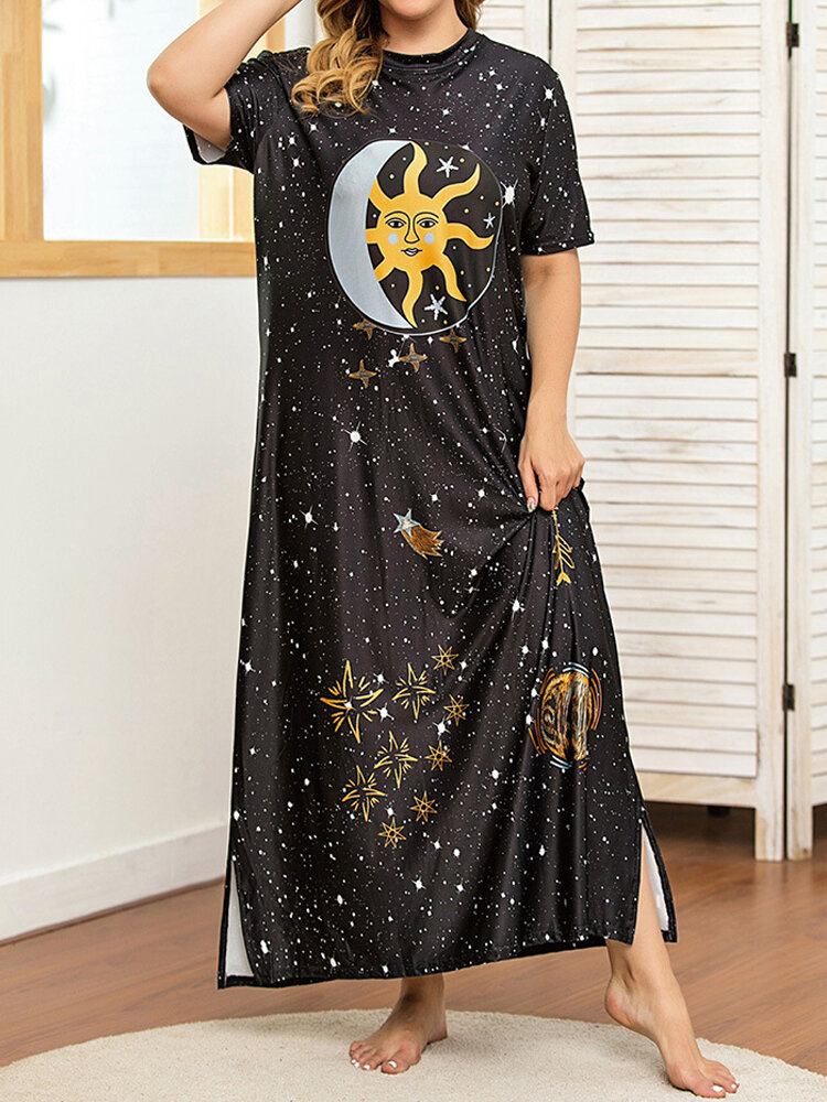 Plus Size Galaxy Print Kortærmet Rundhals Slid Lang Kjole