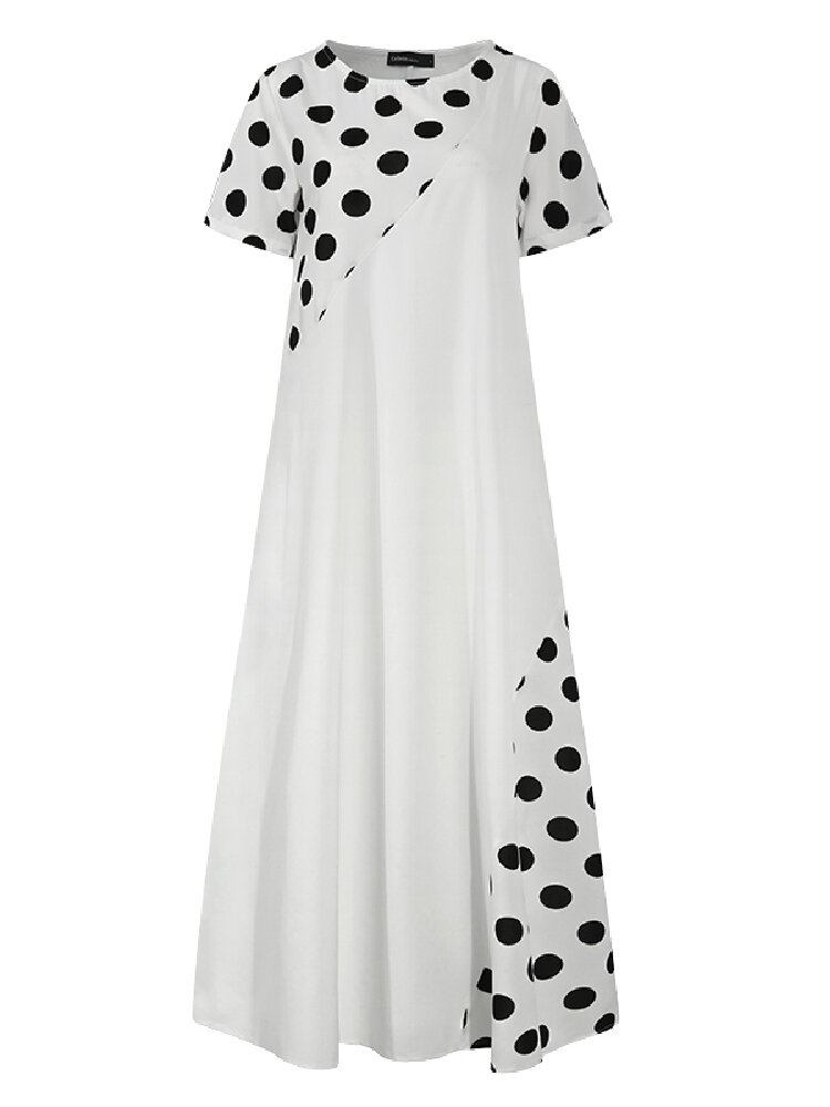 Polka Dot Print Patchwork Kortærmet Holiday Bohemia Maxi-kjole Til Kvinder