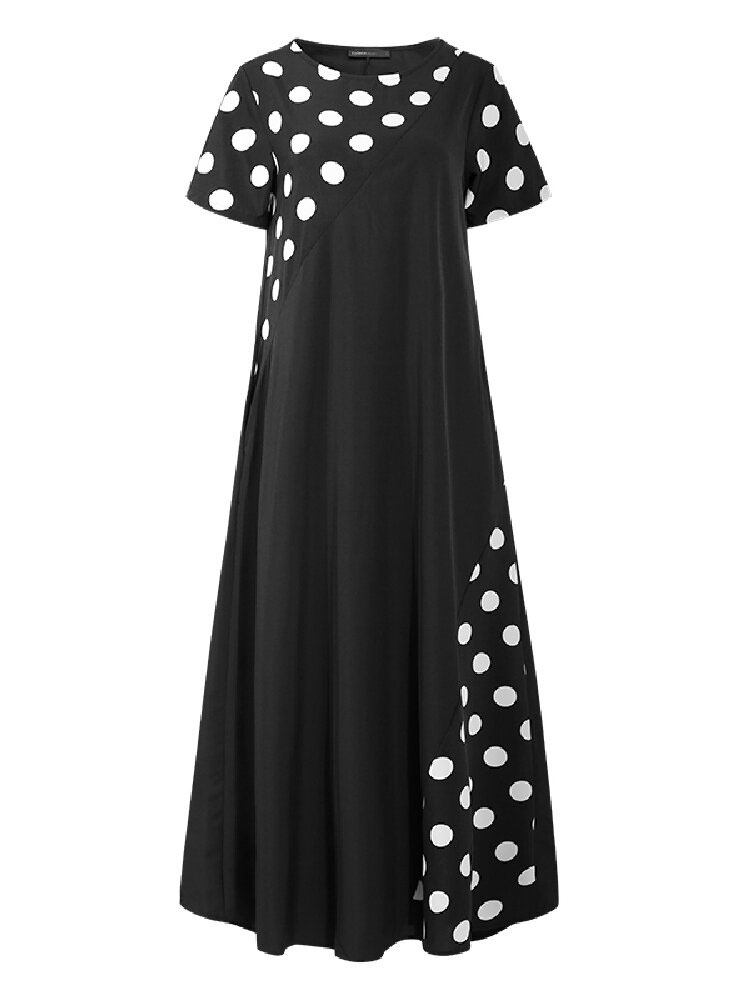 Polka Dot Print Patchwork Kortærmet Holiday Bohemia Maxi-kjole Til Kvinder