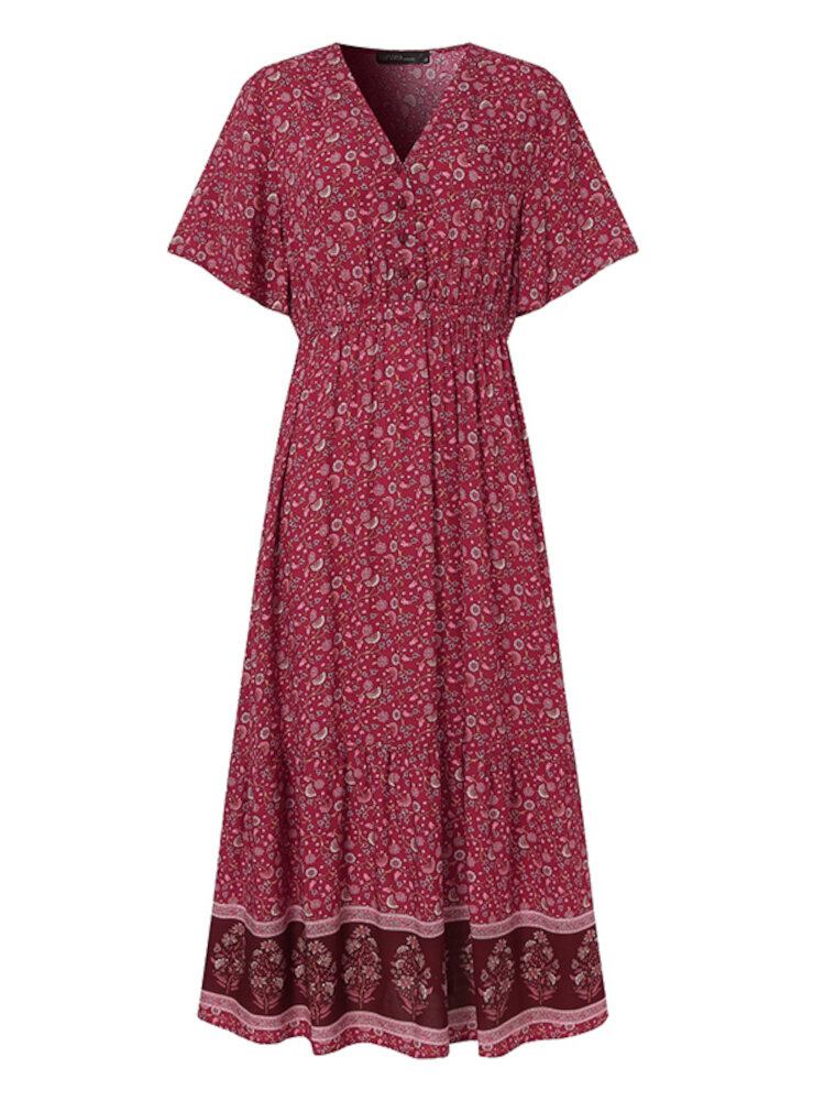 Retro Blomsterprint V-hals Kortærmet Elastisk Talje Bohemian Holiday Maxi Kjole