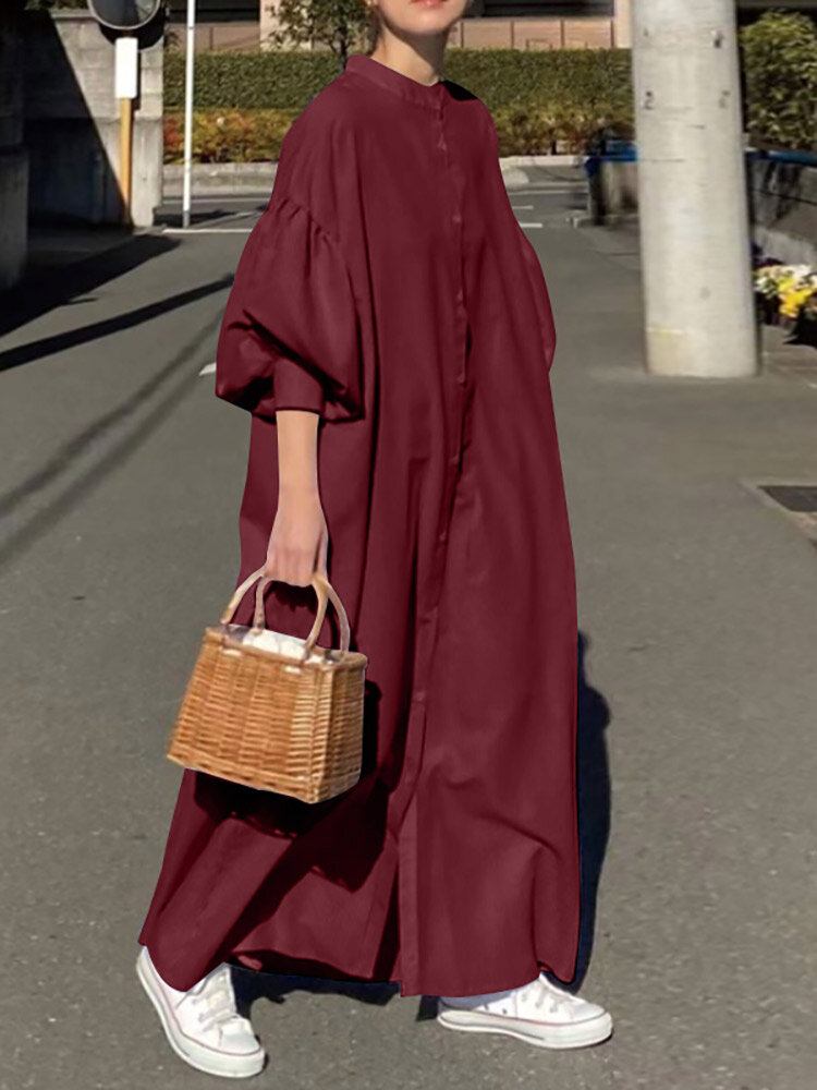 Solid Button Stand Collar Lantern Sleeve Maxi Shirt Dress