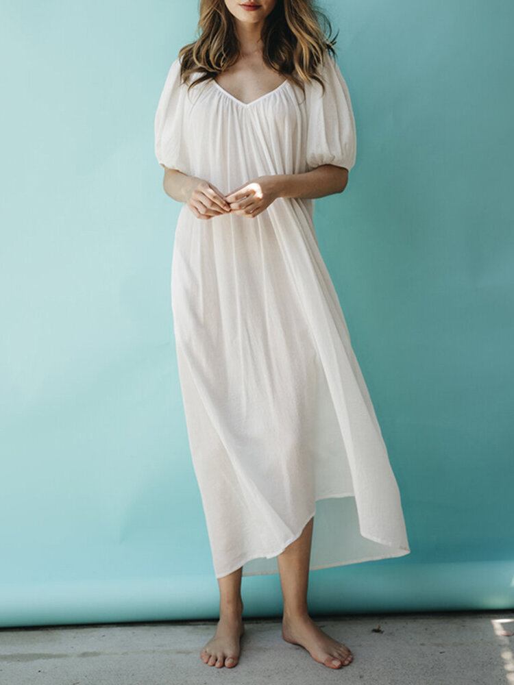 Solid Pufærm Plisseret Daglig Casual Chiffon Maxi Kjole