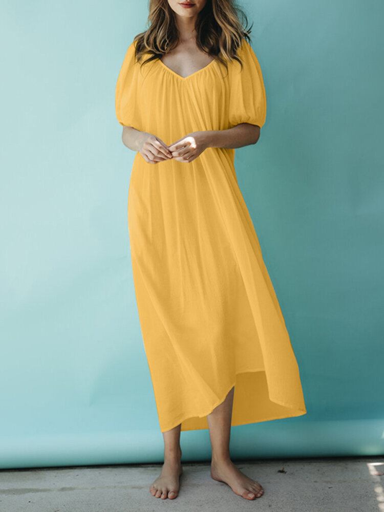 Solid Pufærm Plisseret Daglig Casual Chiffon Maxi Kjole