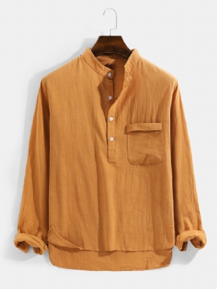 Ensfarvet Brystlomme Til Mænd Casual Basic Langærmede Henley-skjorter