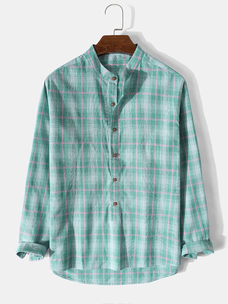 Herre 100% Bomuld Plaid-standkrave Langærmede Henley-skjorter