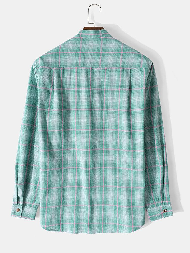 Herre 100% Bomuld Plaid-standkrave Langærmede Henley-skjorter