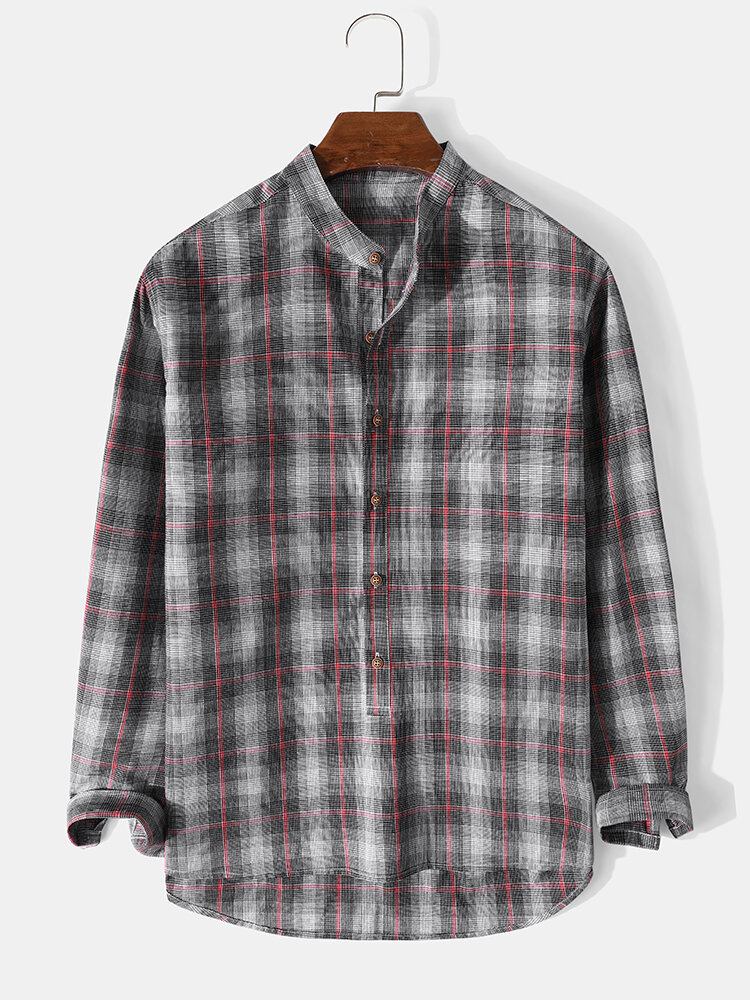 Herre 100% Bomuld Plaid-standkrave Langærmede Henley-skjorter