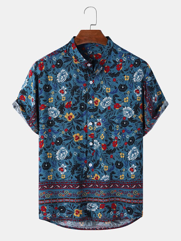 Herre Blomsterpaisley Print Standkrave Etnisk Kortærmede Henley Skjorter