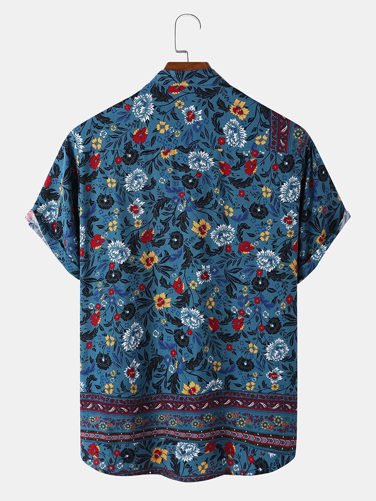 Herre Blomsterpaisley Print Standkrave Etnisk Kortærmede Henley Skjorter