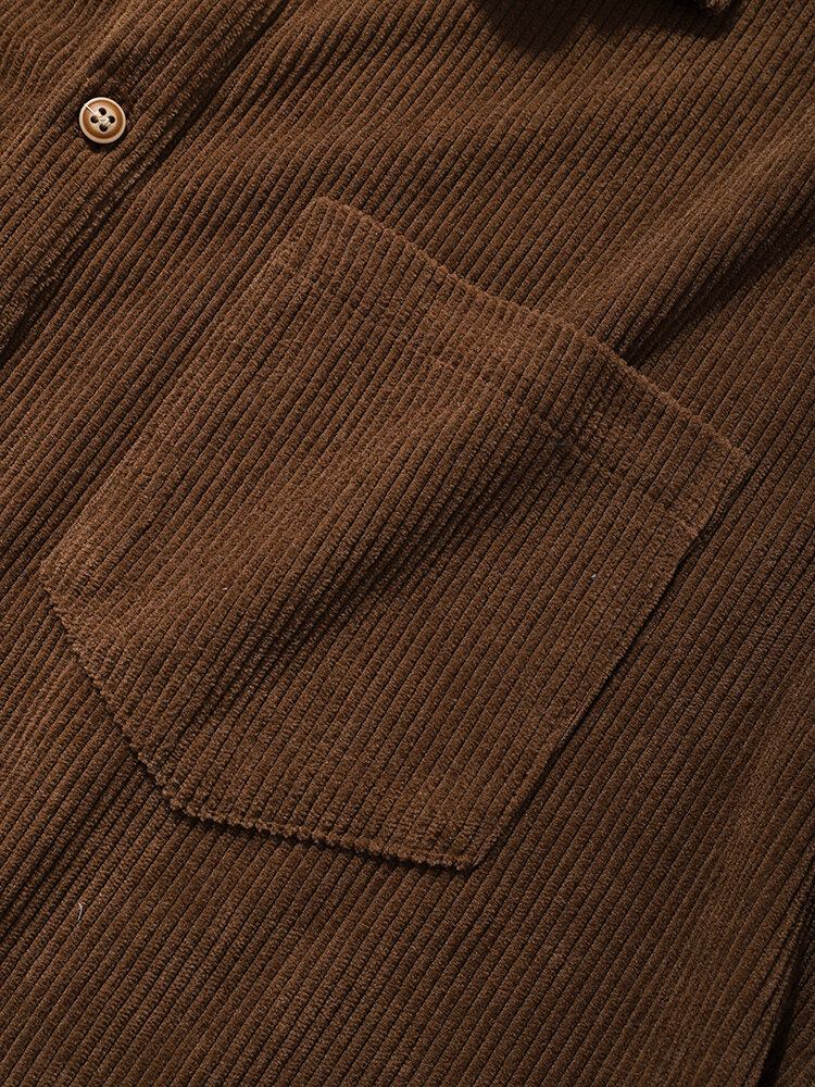 Herre Ensfarvet Basic Style Corduroy Lapel Kortærmet Henley Skjorte