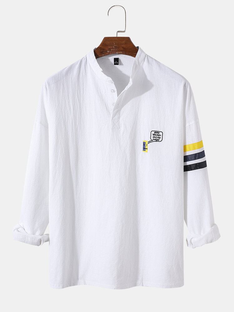 Herre Fnuuy Mønster Slogant Broderi Side Stripe Preppy Henley Skjorte