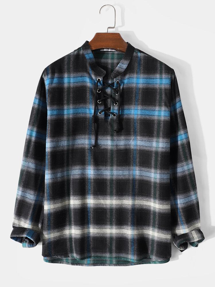 Herre Plaid Ombre Bandage Front Casual Langærmede Henley Skjorter