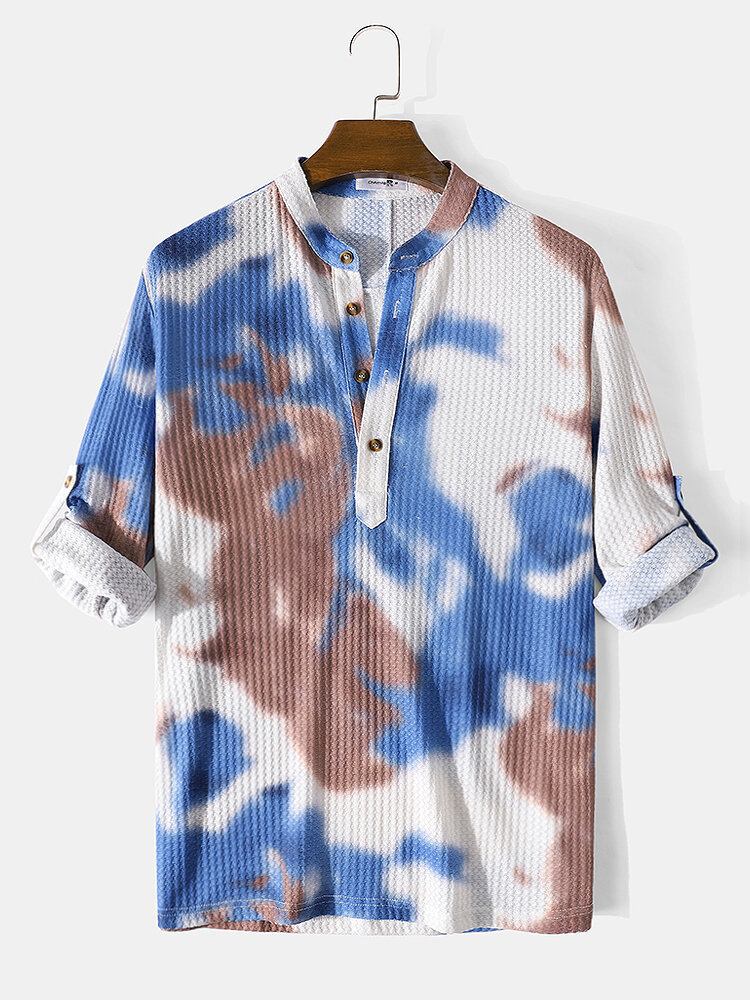 Herre Tie-dye Vaffel Designer Langærmet Afslappet Henley Skjorte