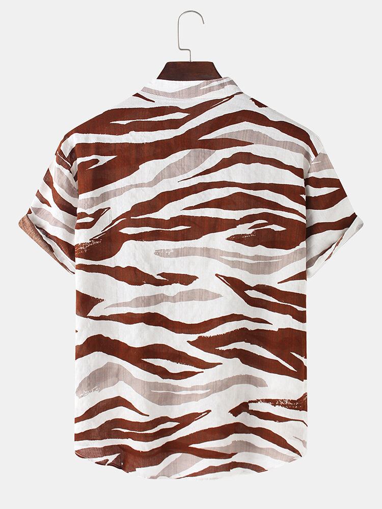 Herre Tiger Mønster Print Henley Collar Kortærmede Skjorter